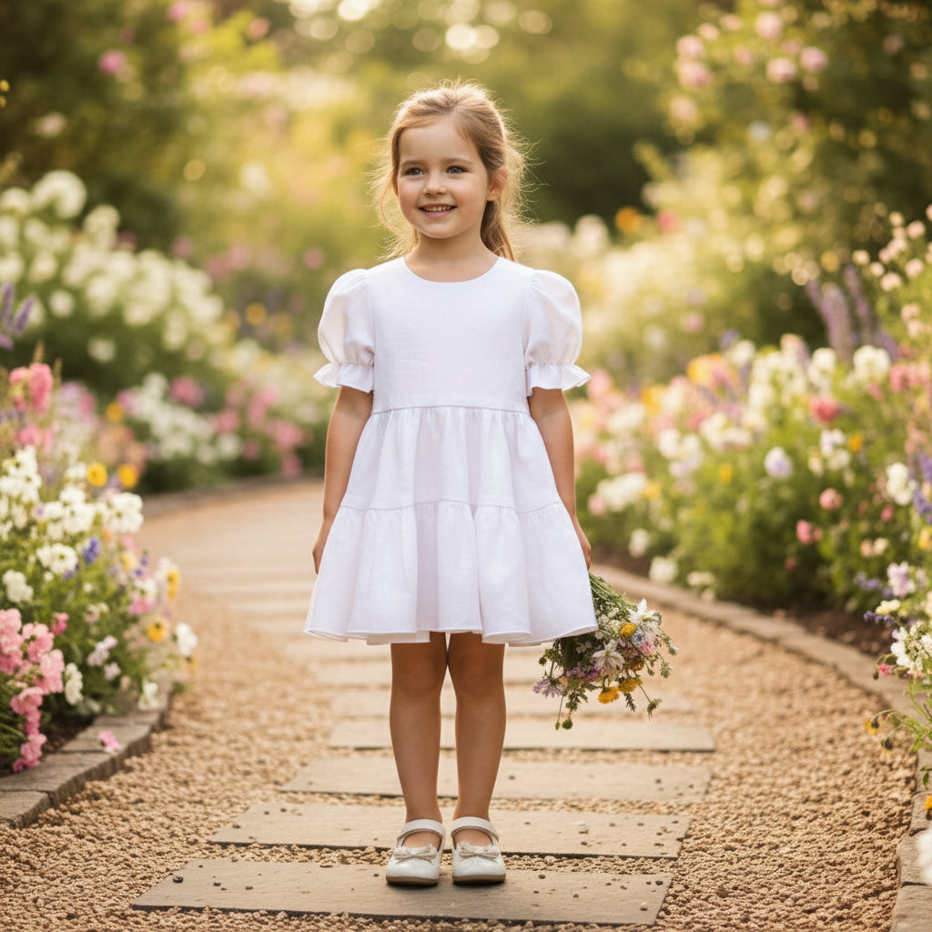 Young girl in a white dress holding flowers at a wedding ceremony with decorated chairs and floral arches.