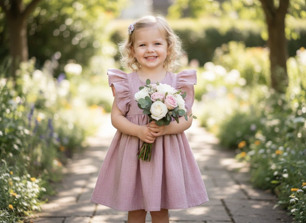 Young girl in a pink dress holding flowers in a garden