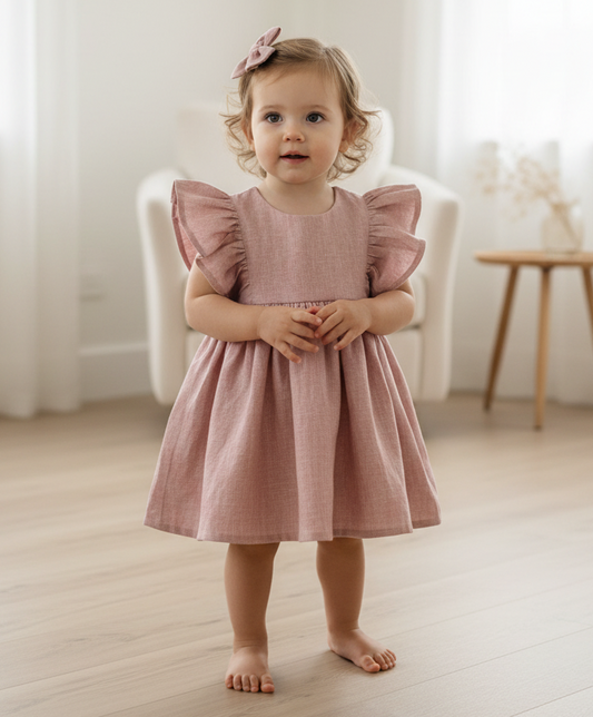 Young child wearing a pink dress with ruffled sleeves in a softly lit room.