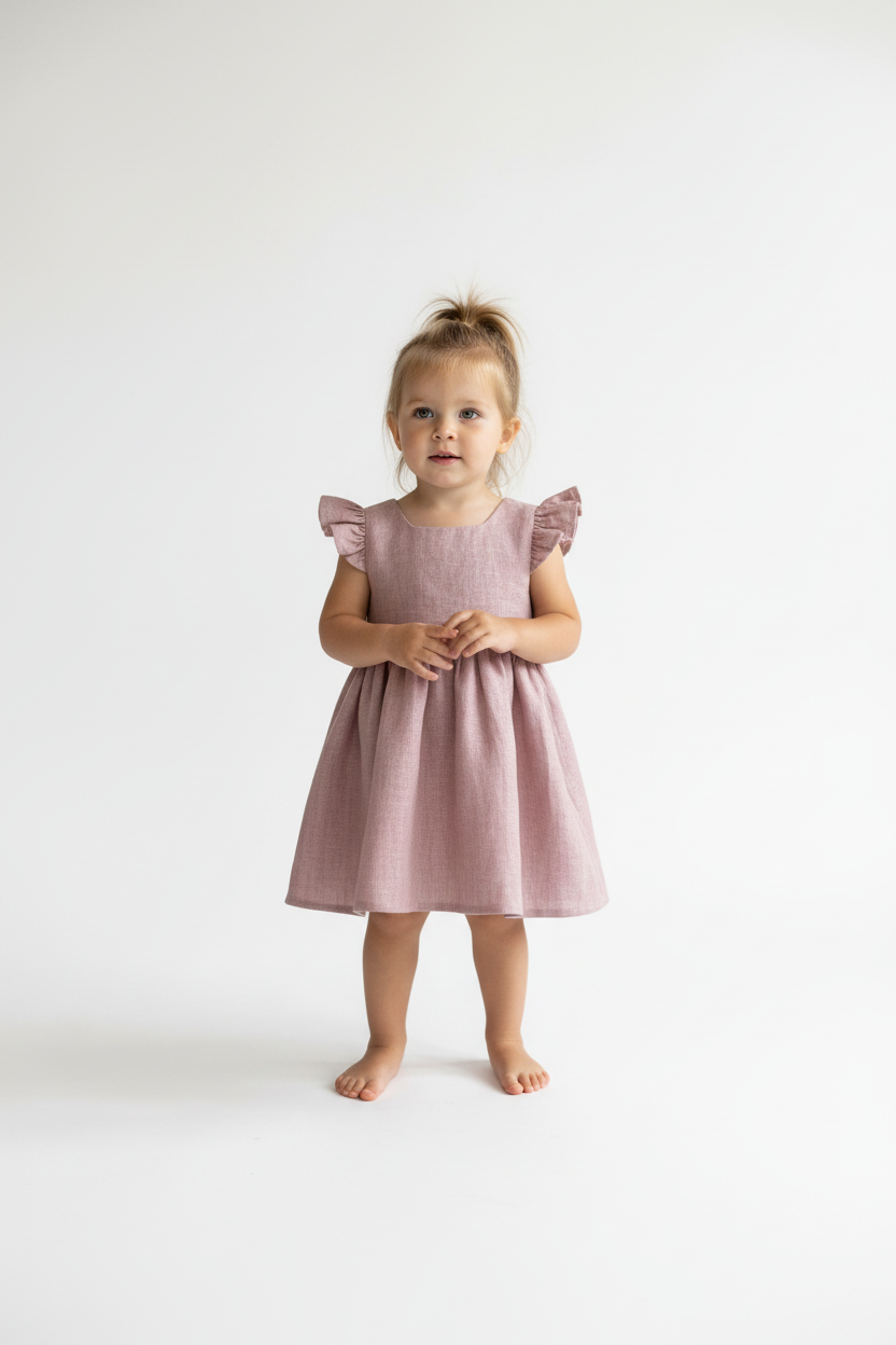 Young girl wearing a pink dress with ruffled sleeves on a white background