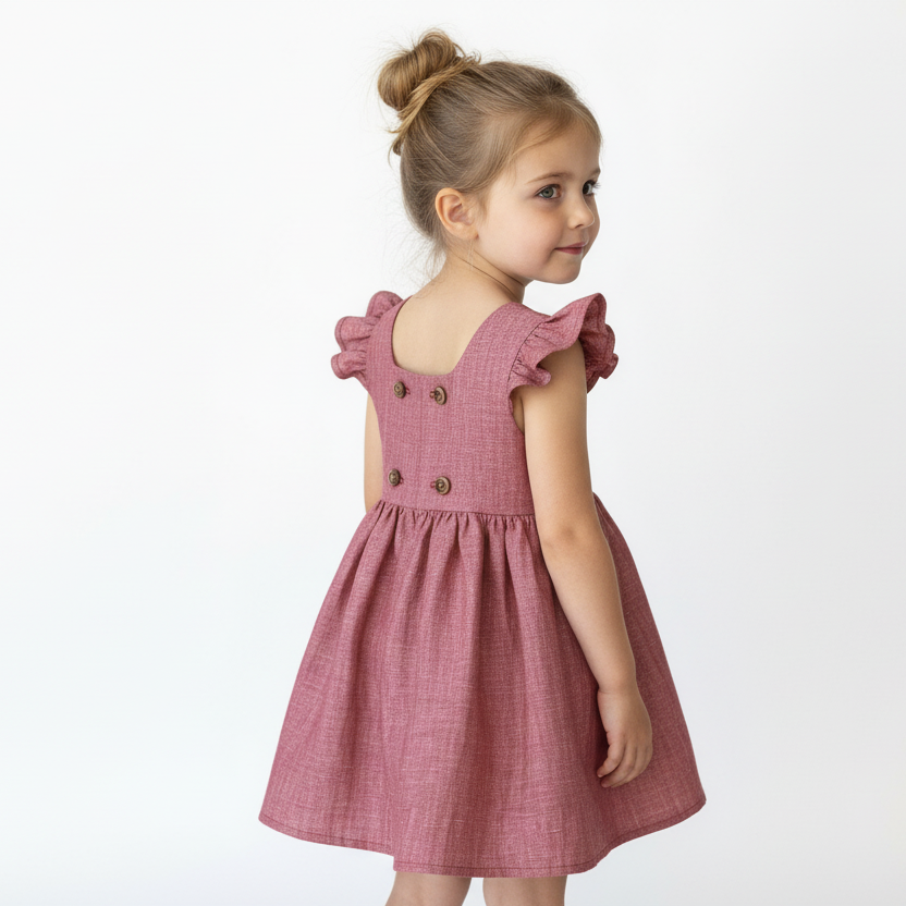 Young girl wearing a red dress with ruffled sleeves on a white background