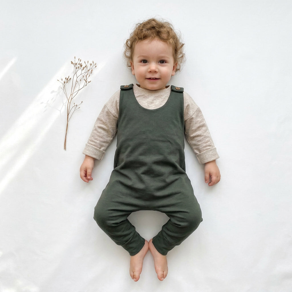 An olive green baby romper with adjustable shoulder straps and small wooden buttons, laid flat on a white background next to a small dried plant stem.