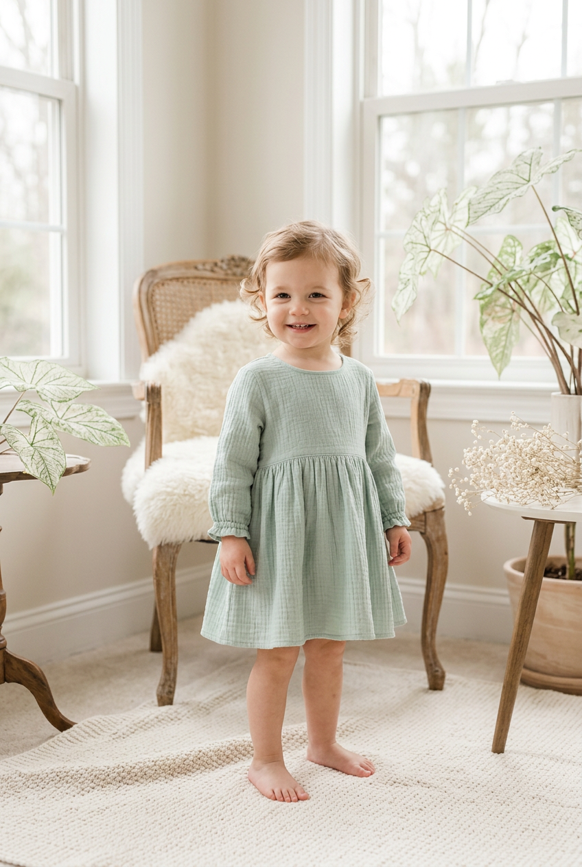 A young toddler girl stands barefoot in a bright, neutral room wearing a light sage green waffle-knit long-sleeve dress. She is positioned in front of a rustic wooden chair with a white faux fur throw, with potted plants and large windows in the background.