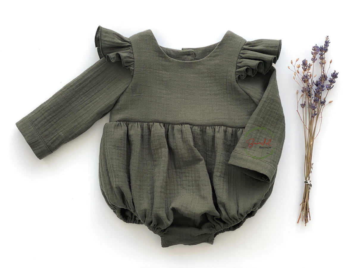 Flutter Sleeve Muslin Playsuit- Khaki Green - Color Options