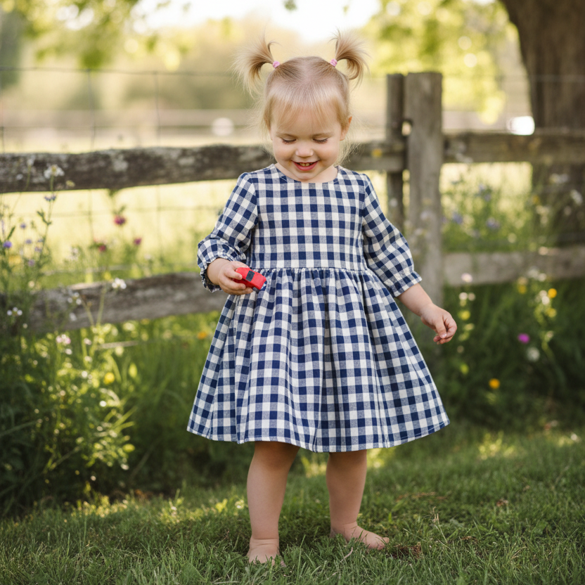 Child in a blue and white checkered dress standing in a grassy field with a wooden fence and tree in the background.