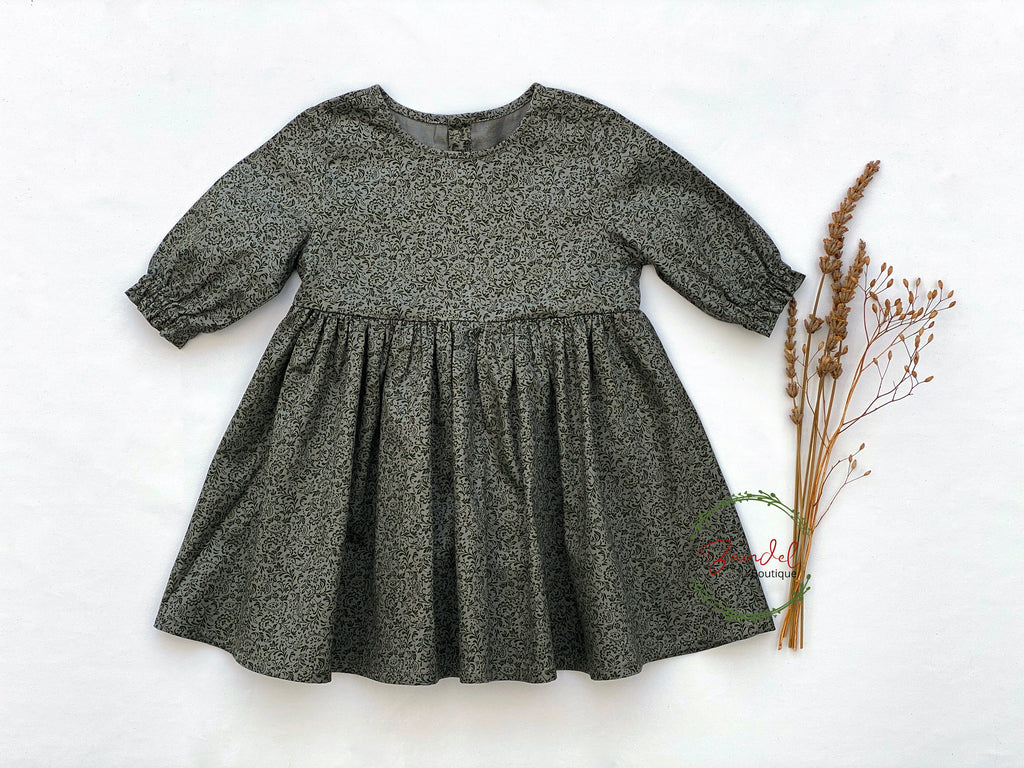 Cotton Girl Dress, Leafs Green Print