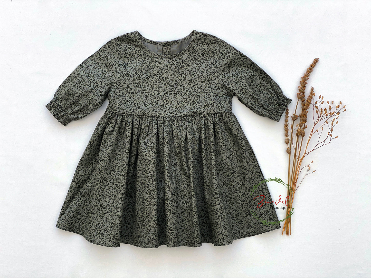 Cotton Girl Dress, Leafs Green Print