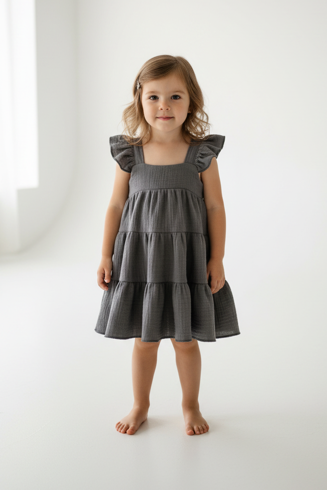 Young girl wearing a gray dress with ruffled sleeves against a white background