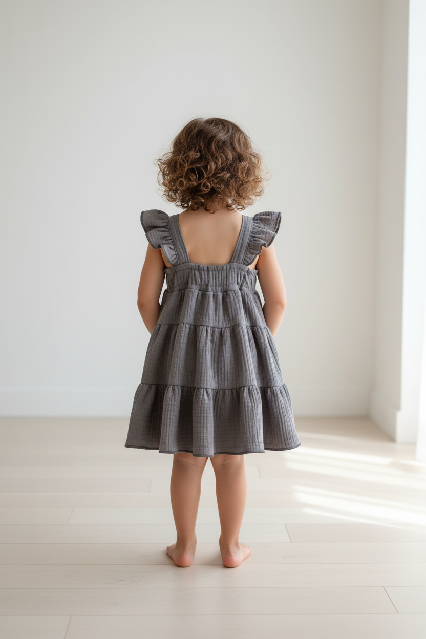 Child wearing a gray checkered dress with ruffled straps in a bright room.