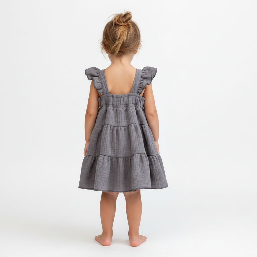 Child wearing a gray checkered dress on a white background