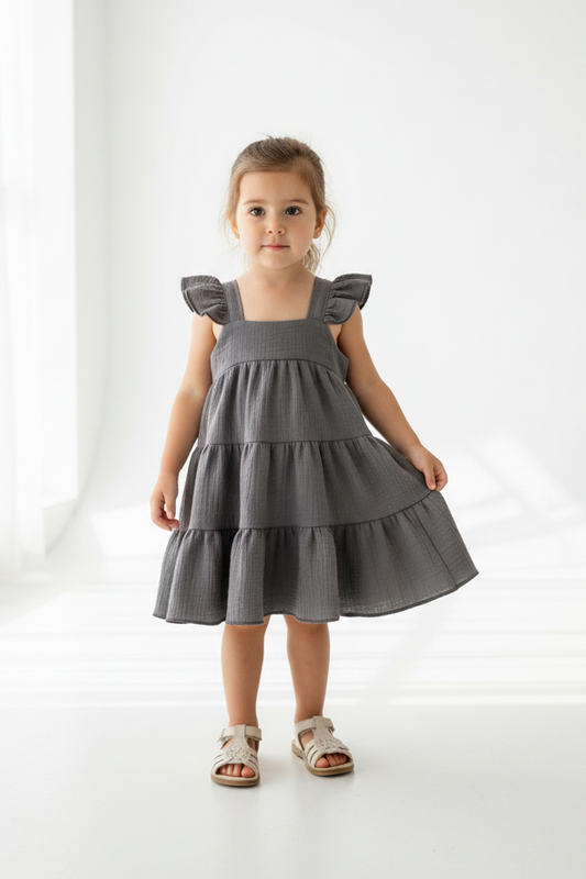 Young girl wearing a gray dress on a white background