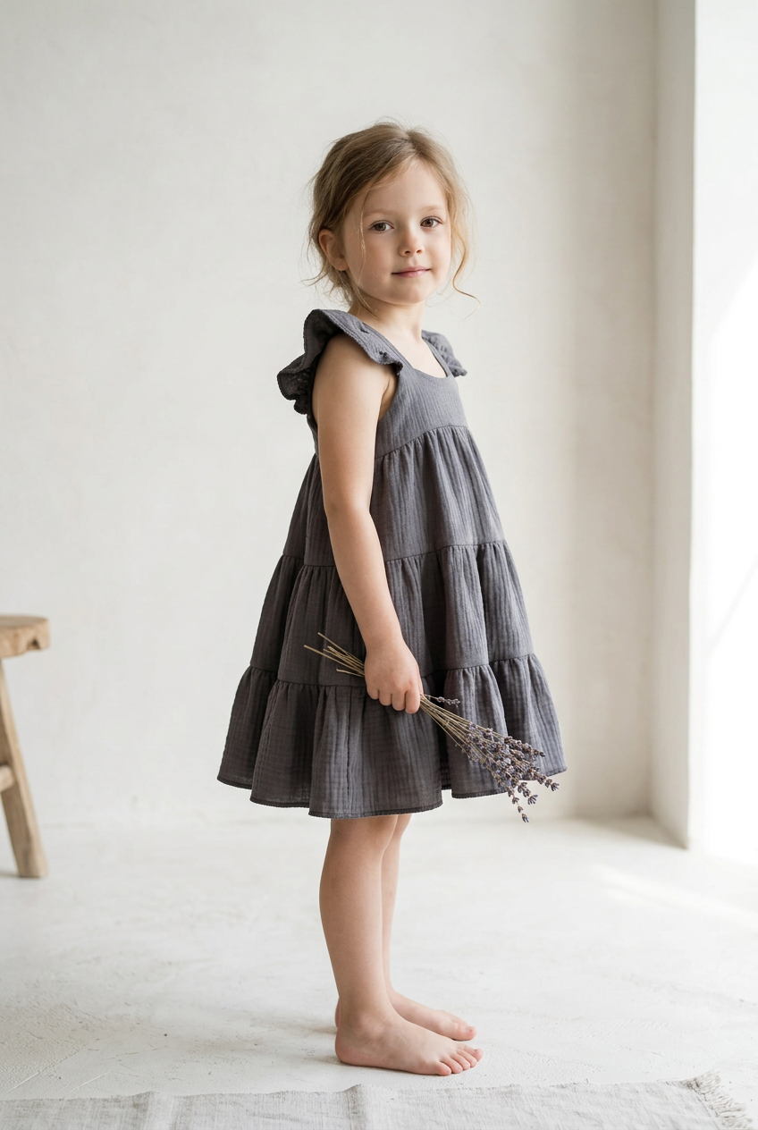 A young girl with light brown hair stands barefoot in a bright, minimalist room, wearing a dark gray tiered cotton dress with ruffled shoulder straps and holding a small bunch of dried lavender.