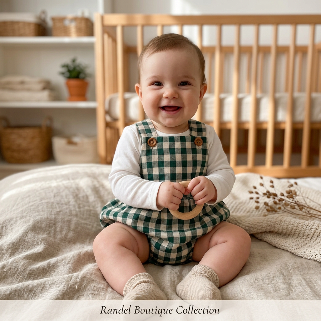 A smiling baby sits on a cream linen surface in a softly lit nursery, wearing a green and white gingham overalls-style romper over a white long-sleeve shirt, with a wooden ring teether in both hands. A crib and shelves are blurred in the background.