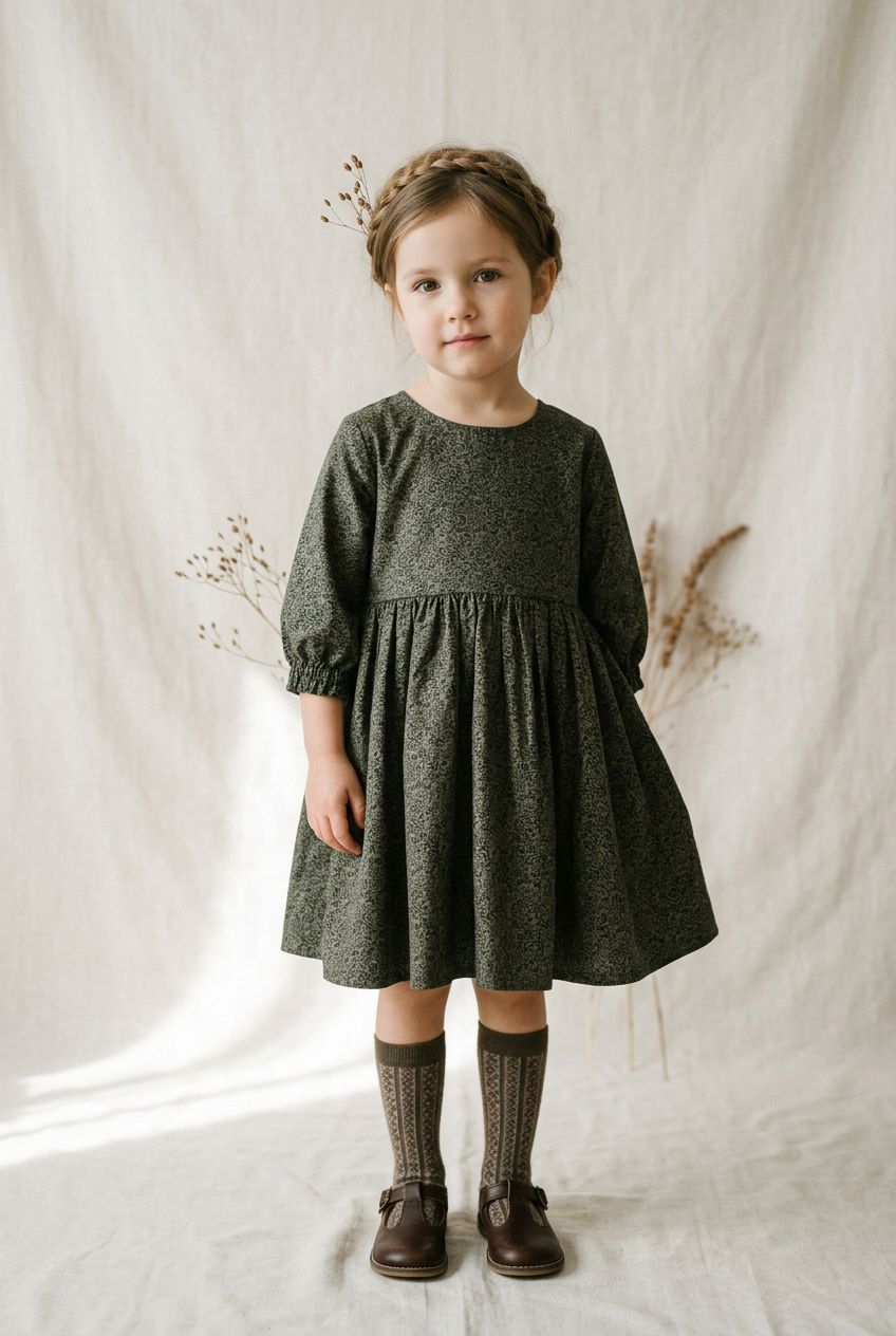 A young girl stands against a draped cream fabric backdrop wearing a dark olive green patterned dress with three-quarter sleeves, matching knee-high socks, and dark brown shoes.