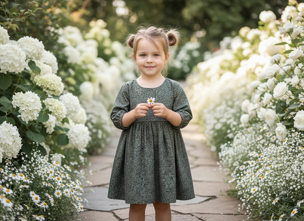 Young girl in a green dress standing between rows of white flowers