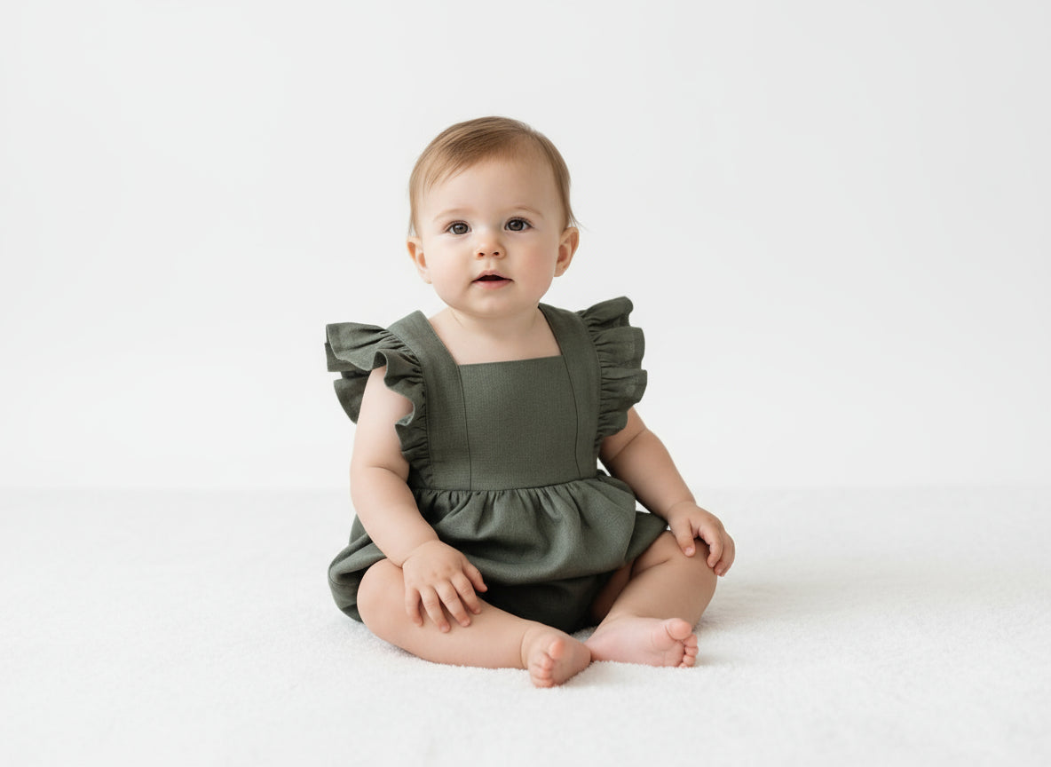 Vintage Inspired Linen Baby Romper Ruffles, adjustable straps, snaps at crotch in beautiful olive- green color 