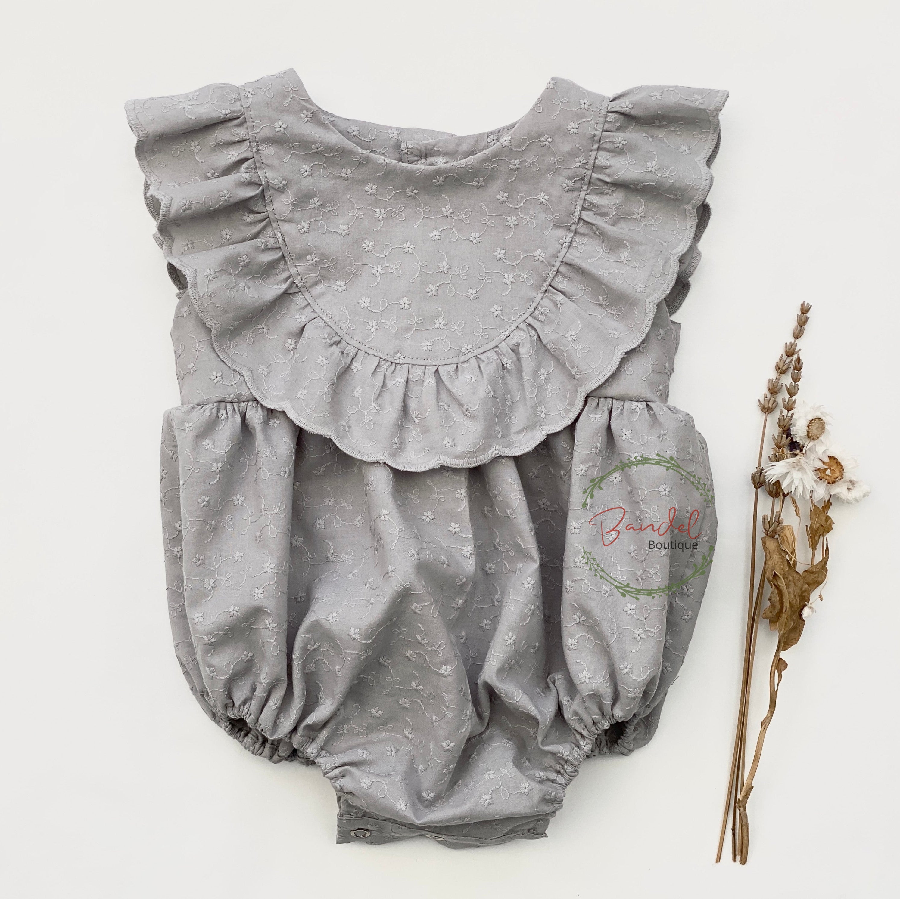 Grey embroidery cotton baby romper ruffles 