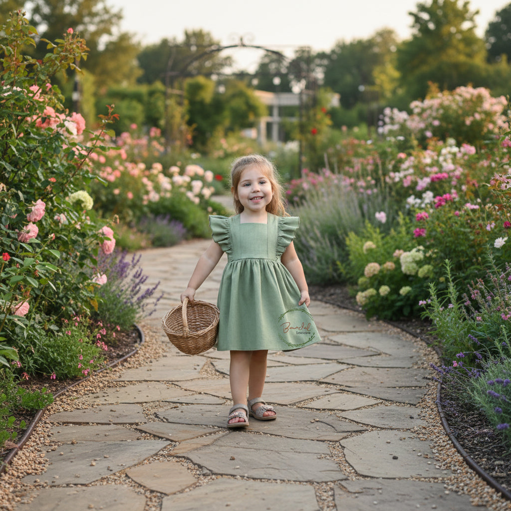 Young girl in a green dress standing on a stone path in a garden with flowers and plants.