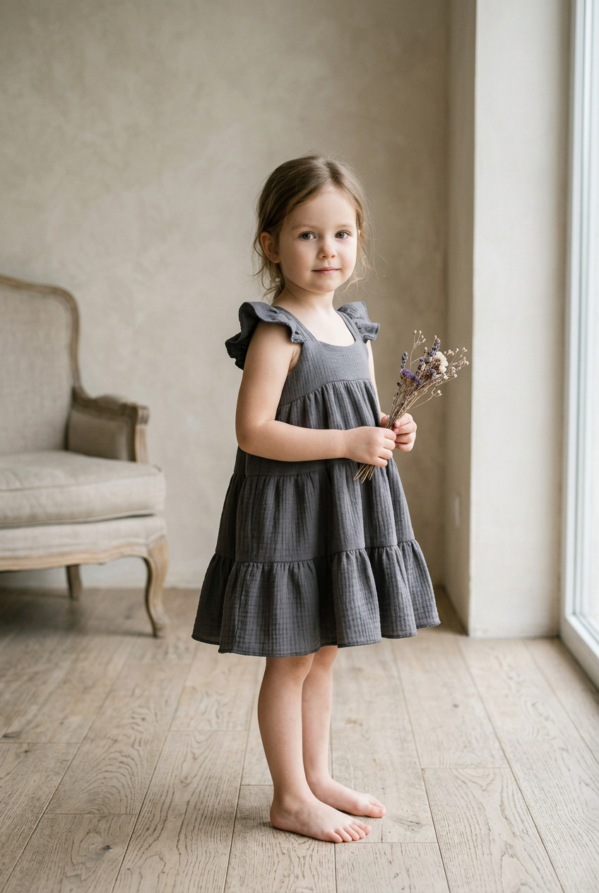A young girl stands barefoot in a sunlit room with light wood floors and a textured beige wall, wearing a dark gray tiered dress with ruffled shoulder straps and holding a small bouquet of dried flowers.