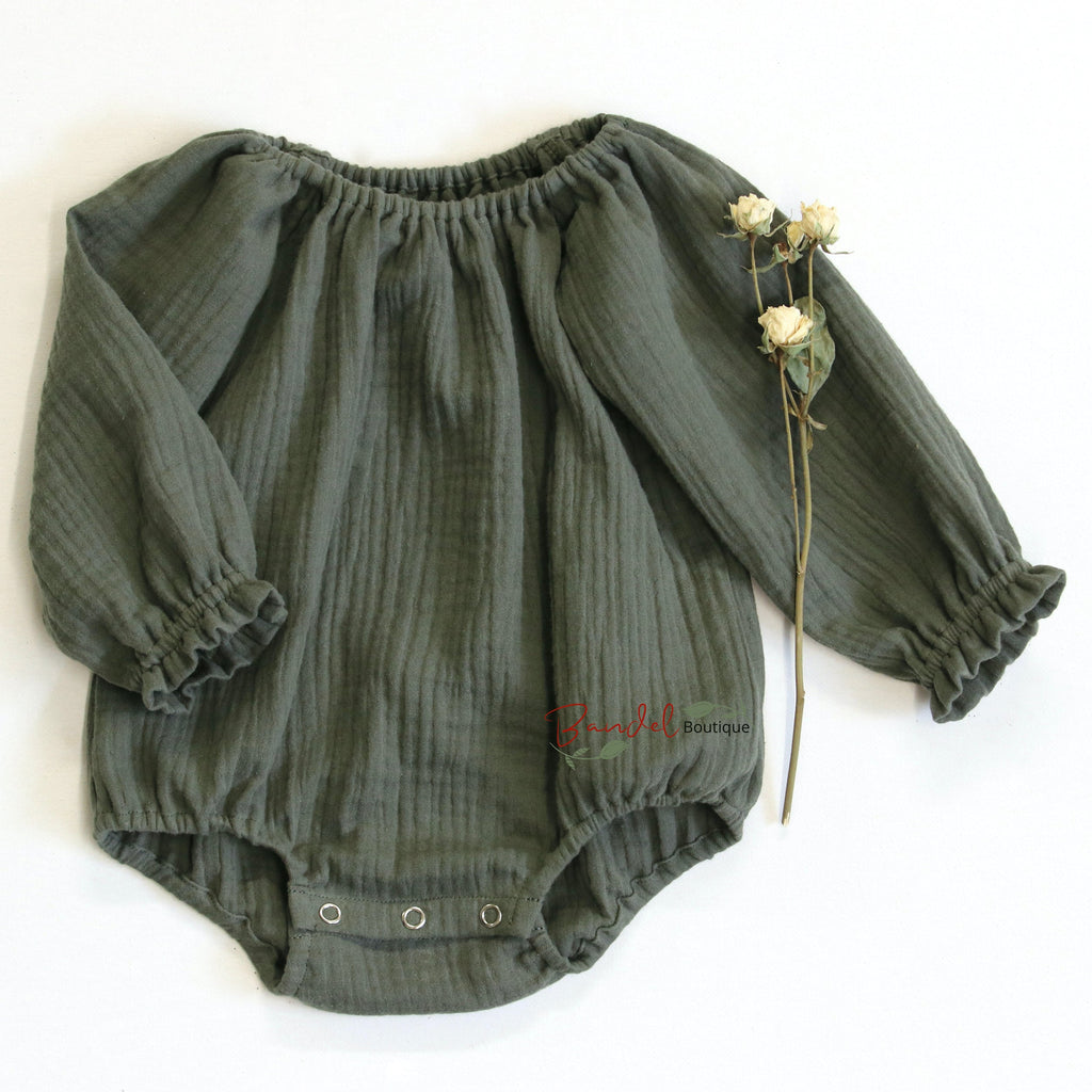 Muslin Bodysuits- Khaki- green - Color, Romper, Bonnet - Options