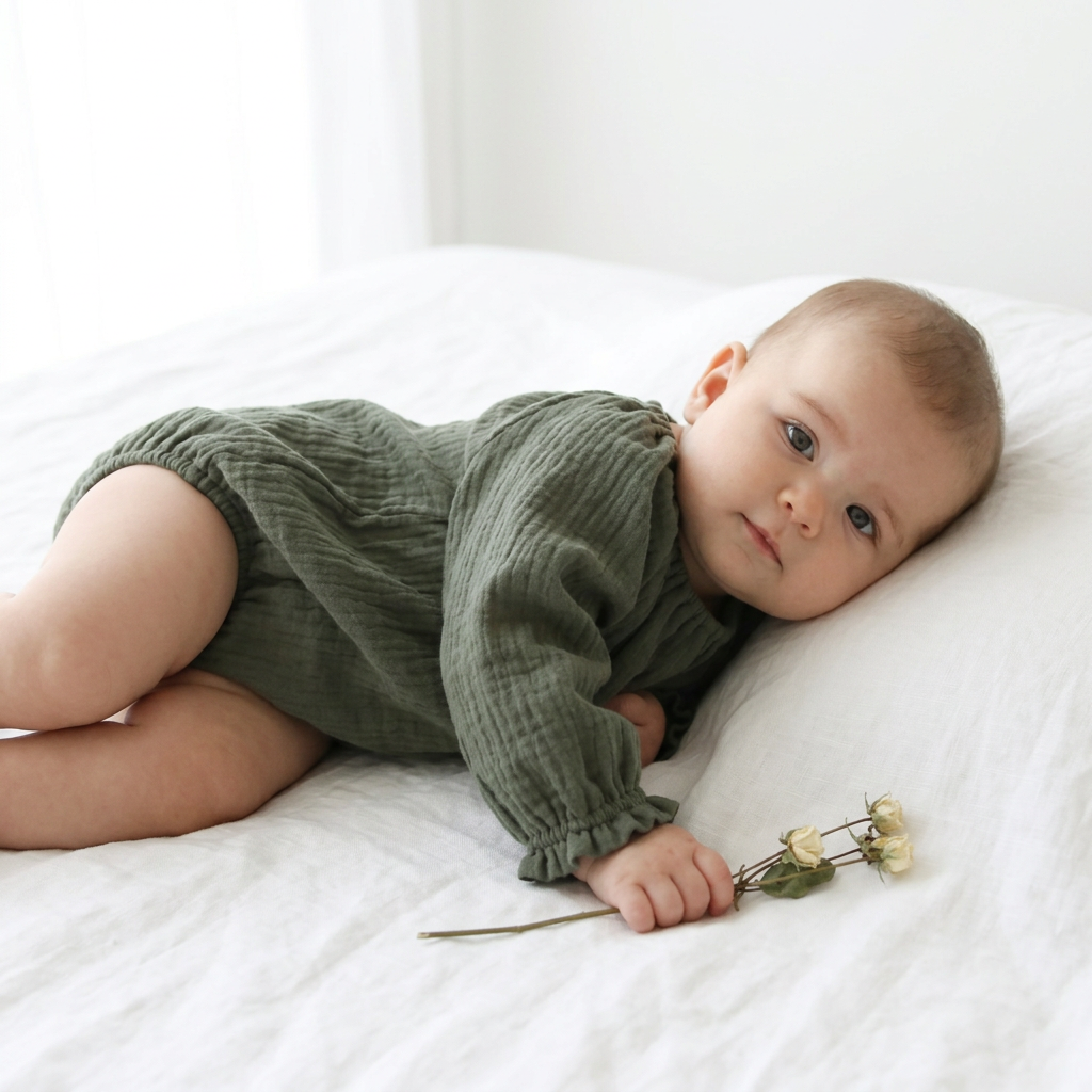 Green baby romper with long sleeves on a white background