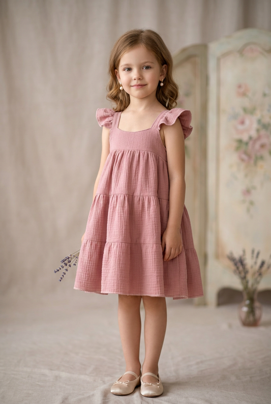 A young girl with light brown hair stands wearing a dusty pink tiered cotton dress with ruffled cap sleeves and matching pink shoes, posed against a soft beige studio backdrop with vintage-style furniture.