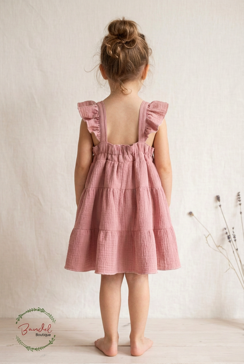 A young child viewed from behind wearing a dusty pink tiered cotton dress with ruffled shoulder straps, standing against a light textured wall.