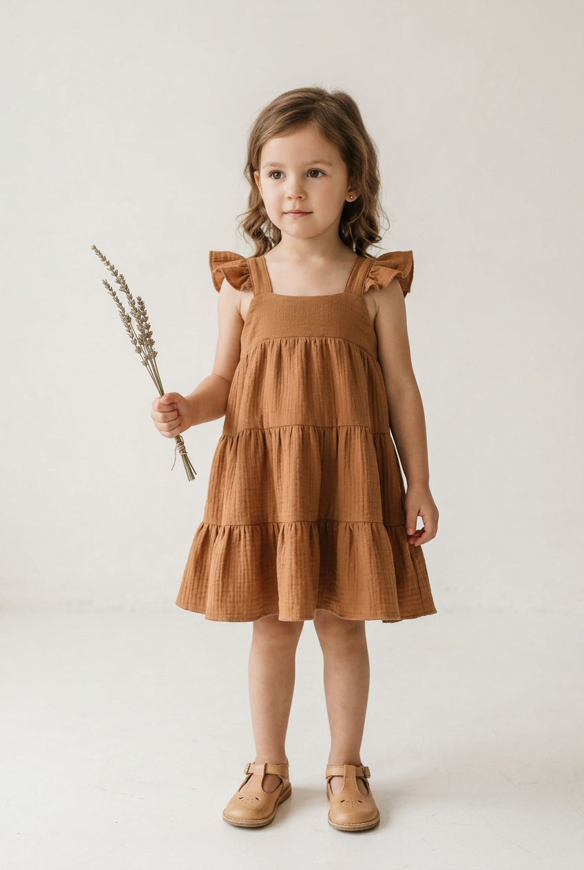 A young girl with light brown hair stands against a plain off-white studio background, wearing a tiered rust-brown cotton dress with ruffled shoulder straps and tan shoes, while holding a small sprig of dried lavender.