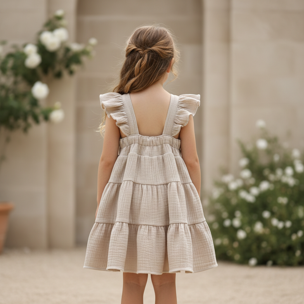 Young girl wearing a beige tiered dress with ruffled straps, standing outdoors.
