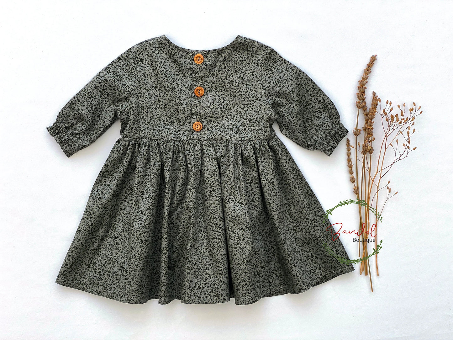 Cotton Girl Dress, Leafs Green Print