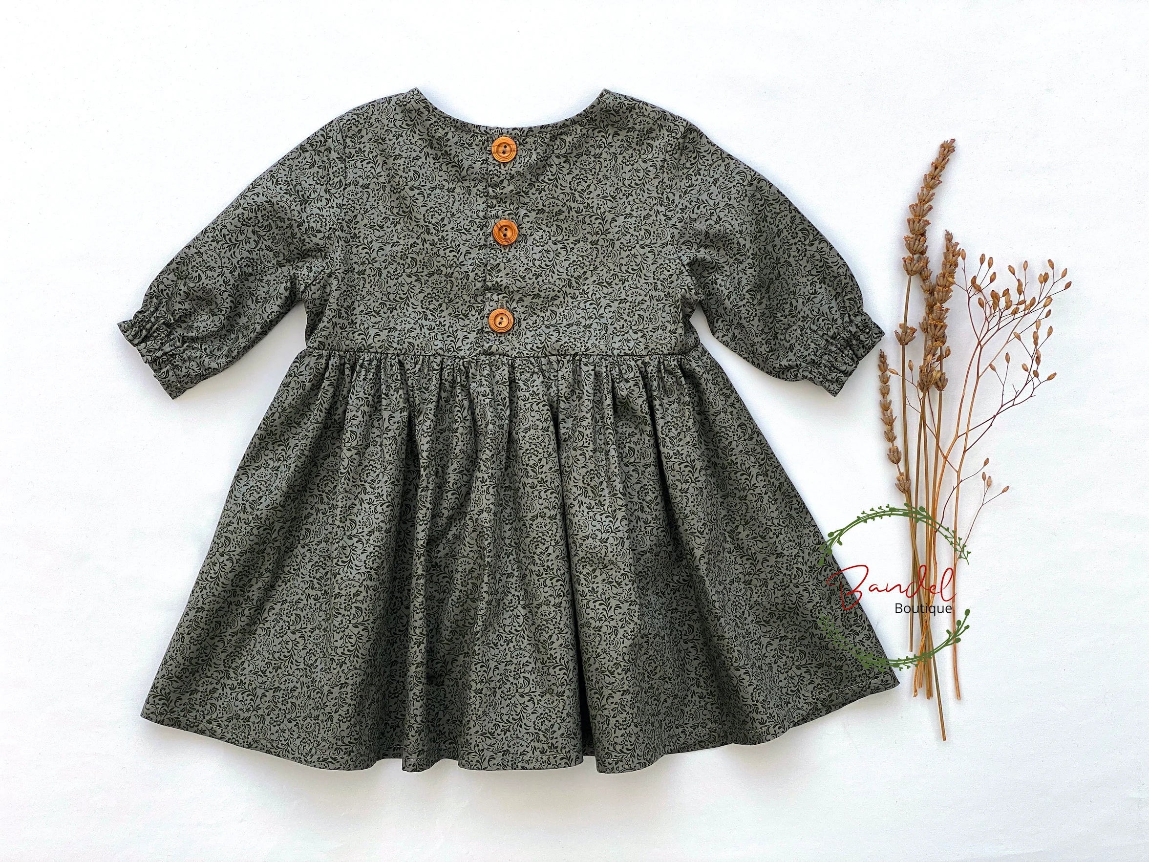 Cotton Girl Dress, Leafs Green Print