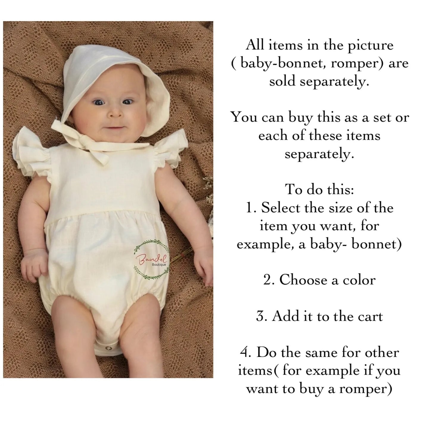 Baby in a white romper and bonnet on a brown blanket with text about purchasing options.