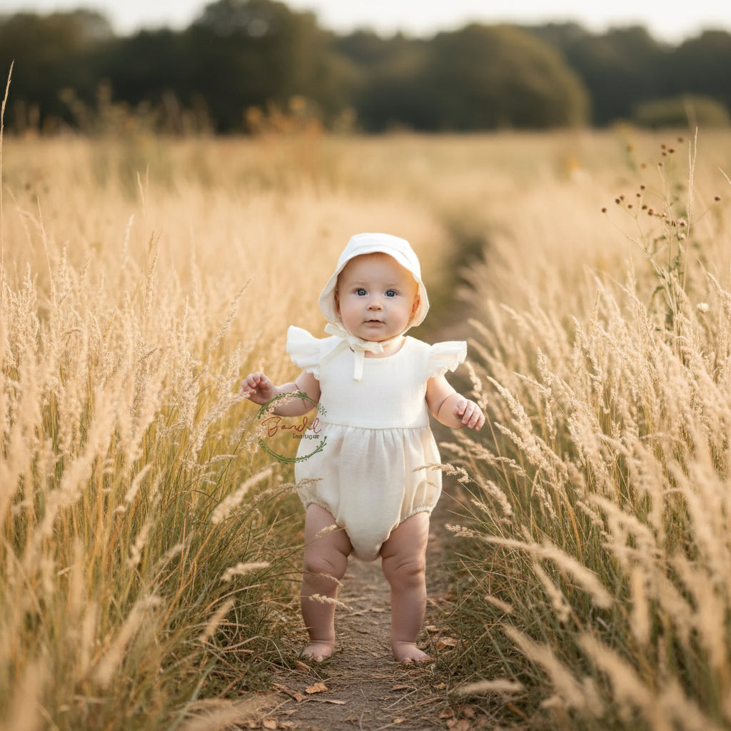 Baby in a white outfit and bonnet sitting on a brown textured blanket.