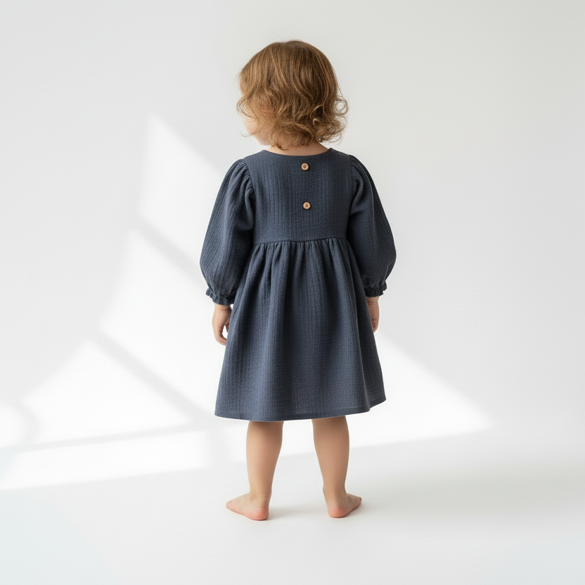 Child wearing a dark blue dress with button details on a white background