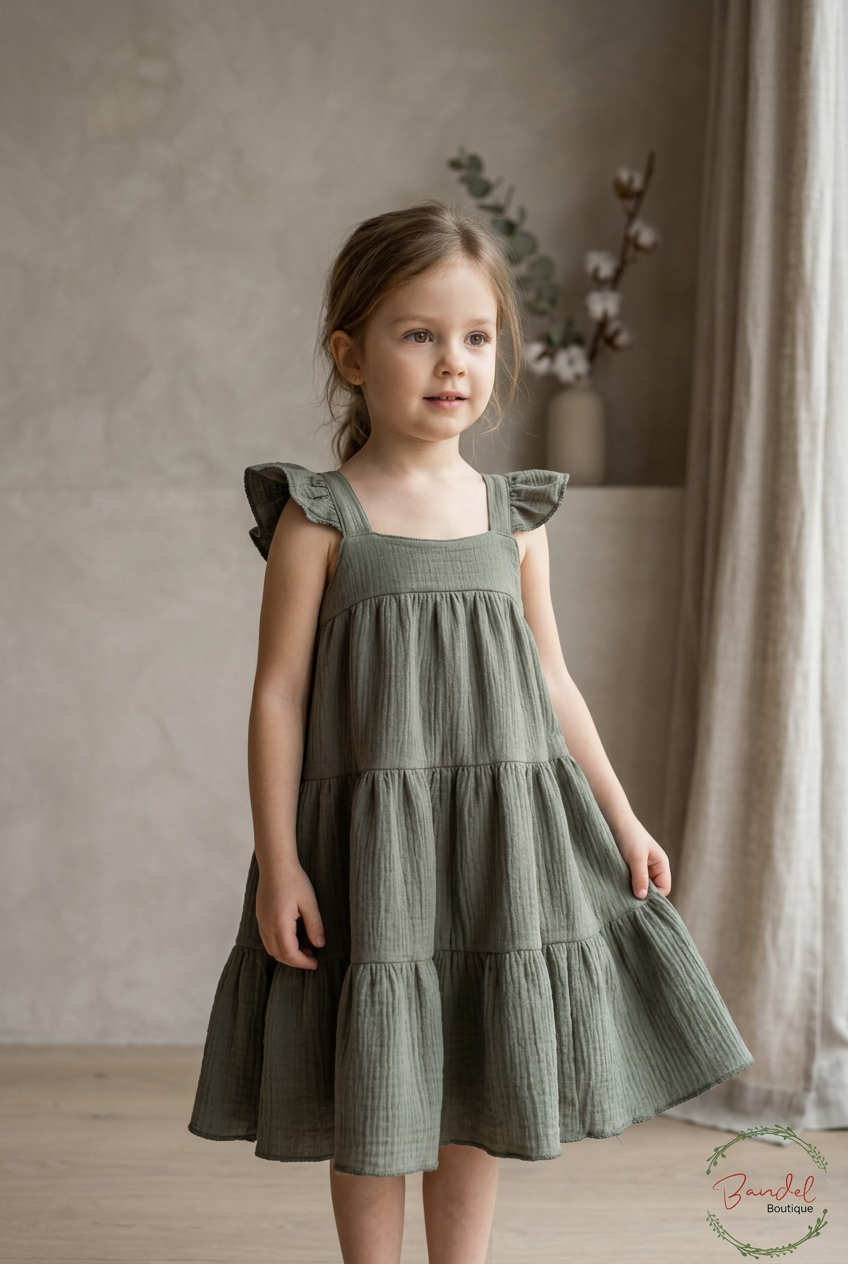 A young girl wearing an olive green tiered cotton dress with ruffled shoulder straps, standing in a softly lit indoor setting with a textured beige wall and neutral curtains.