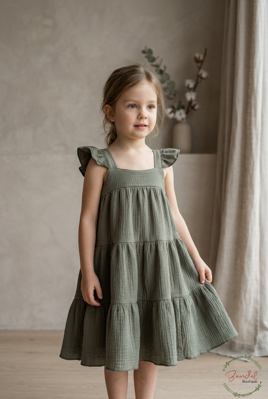 A young girl wearing an olive green tiered cotton dress with ruffled shoulder straps, standing in a softly lit indoor setting with a textured beige wall and neutral curtains.