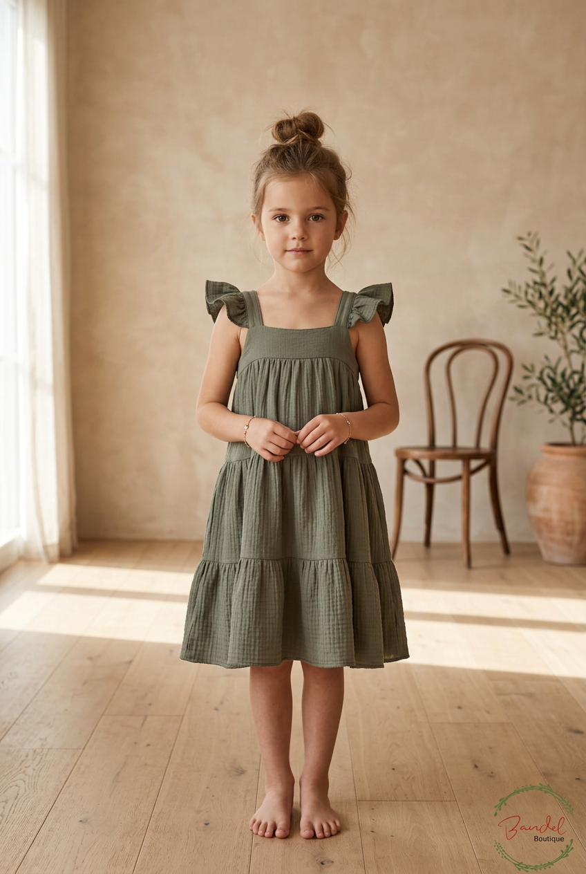 A young girl with her hair in a bun stands barefoot in a sunlit room wearing an olive green tiered dress with ruffled cap sleeves. The background features a textured beige wall, a wooden chair, and a potted plant.