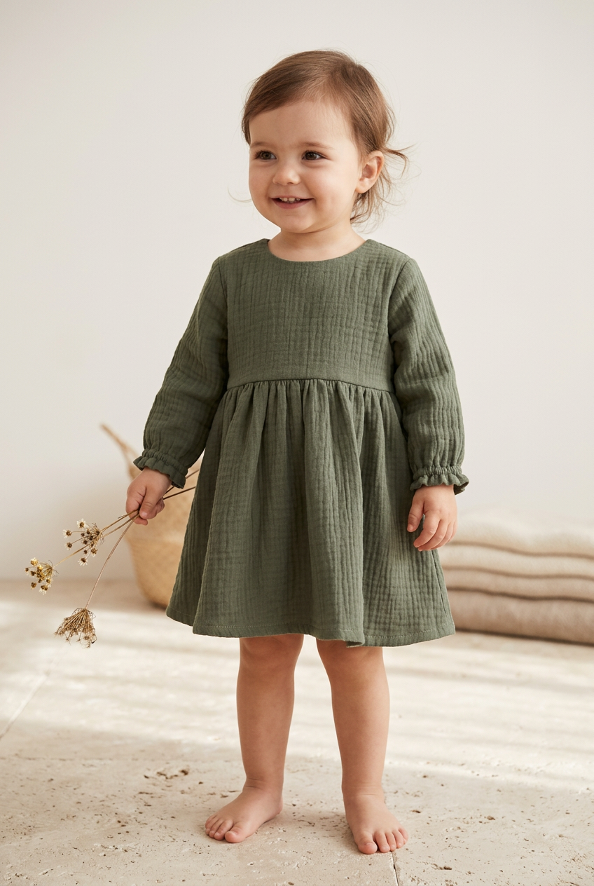 A toddler girl wearing a sage green long-sleeve gauze dress, standing barefoot in a bright, neutral studio setting while holding a small dried flower sprig.