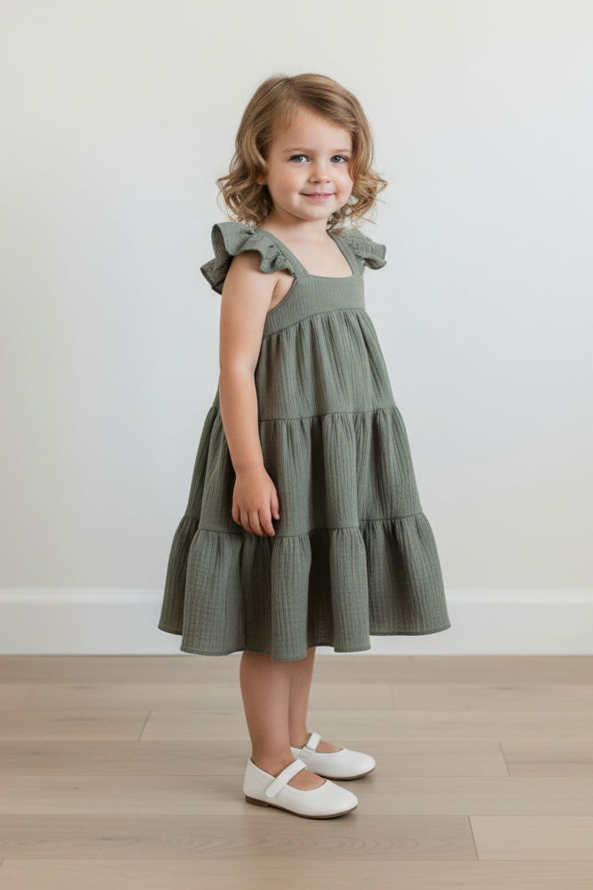 Young girl wearing a green dress standing on a wooden floor with a white wall background