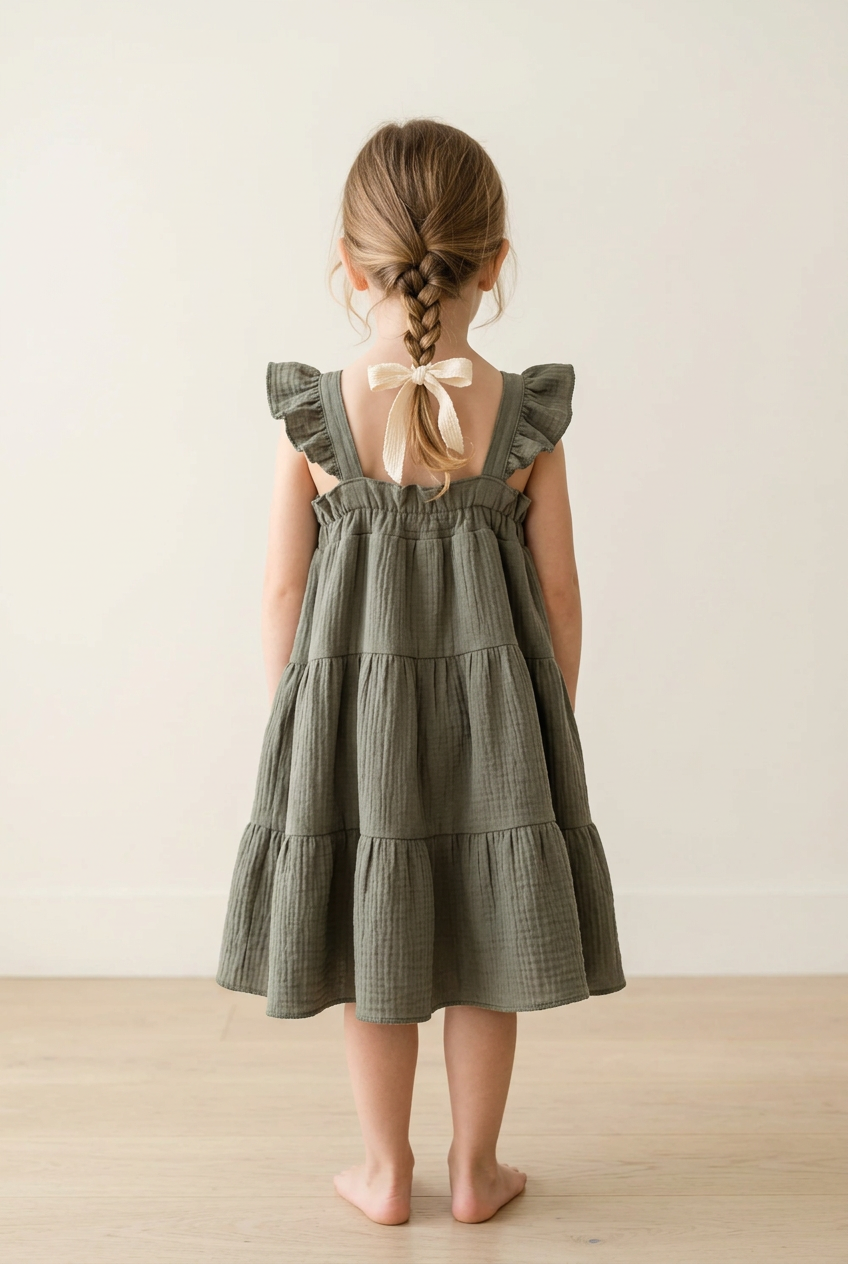 A young girl with a braided ponytail stands with her back to the camera wearing an olive green tiered cotton dress with ruffled shoulder straps and a cream bow at the back.