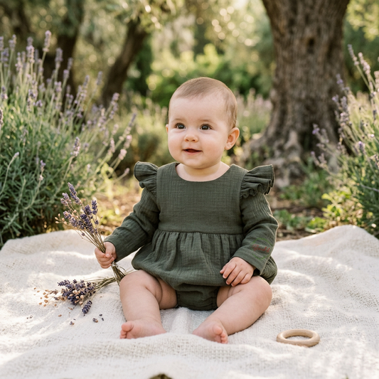 A baby sitting outdoors on a cream blanket, wearing an olive green long-sleeve romper with ruffled shoulders and holding a small bunch of dried lavender. Trees, lavender plants, and a tree trunk are visible in the background.