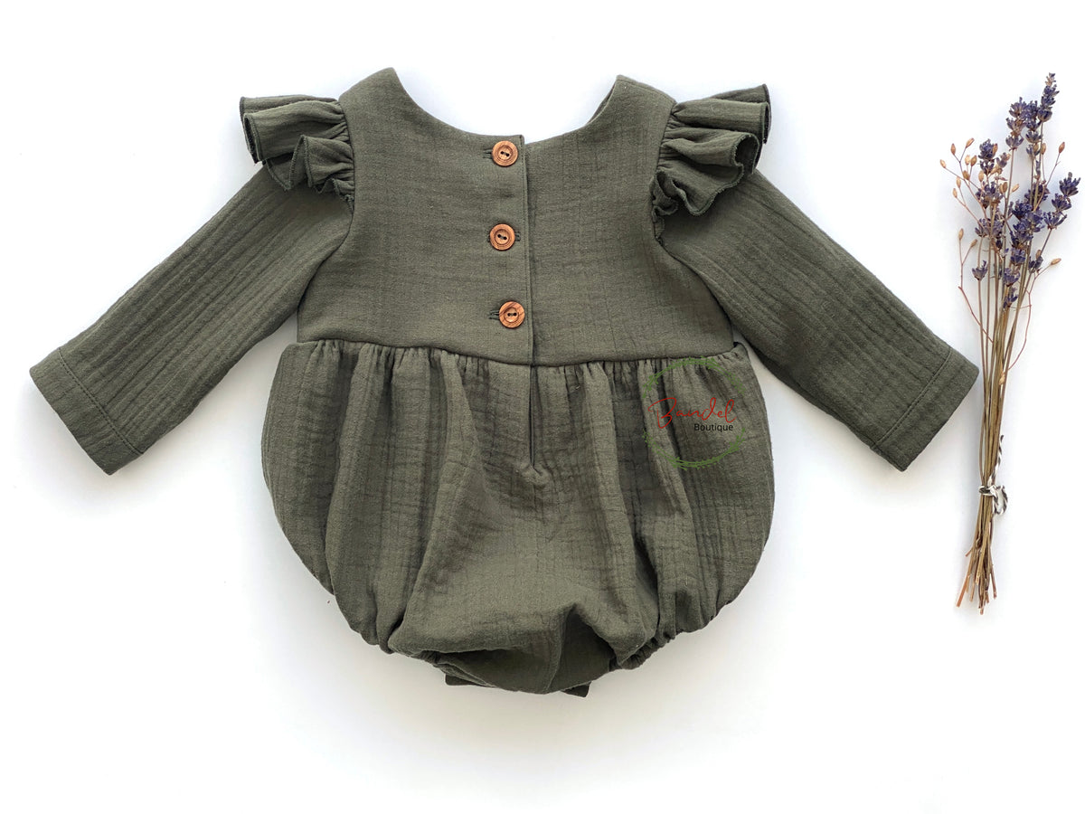Flutter Sleeve Muslin Playsuit- Khaki Green - Color Options