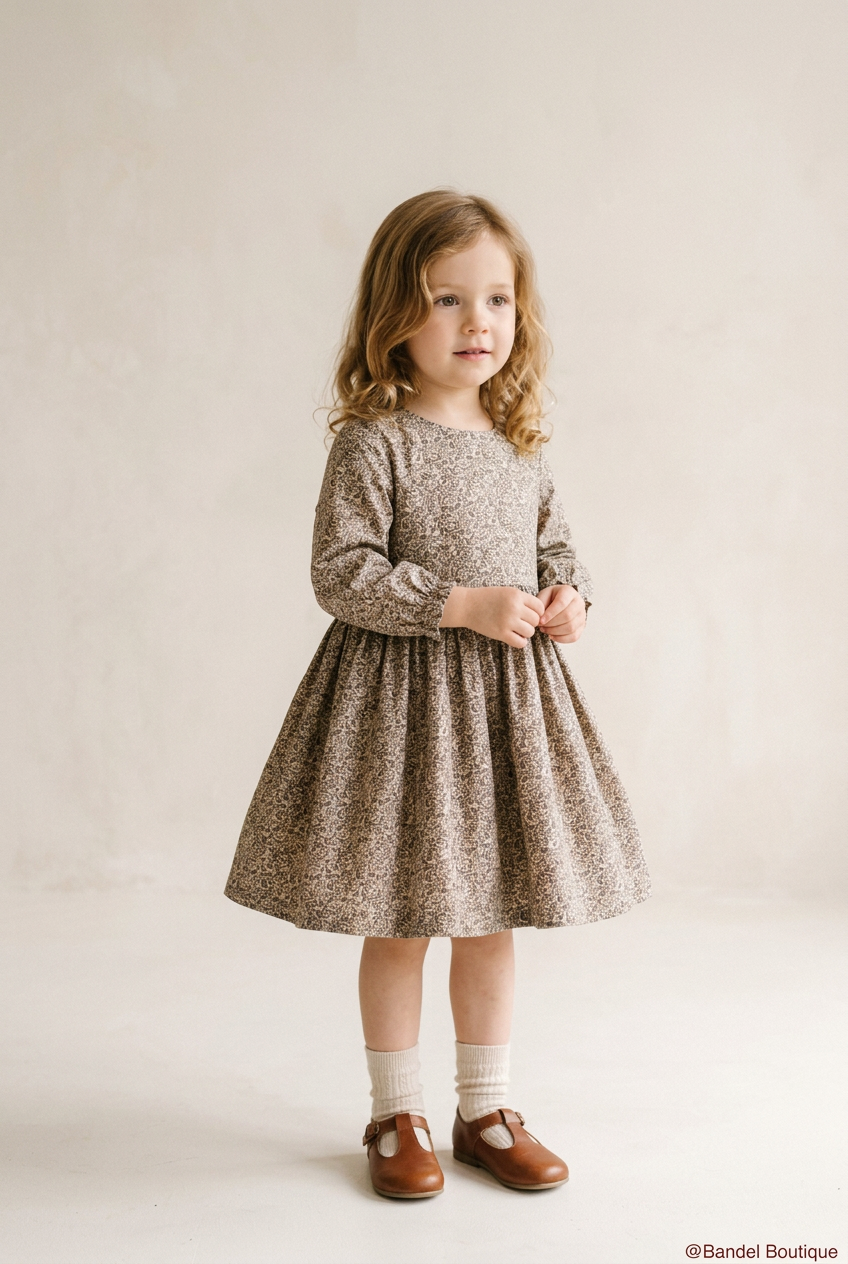 A young girl with wavy light brown hair stands in a studio wearing a long-sleeve, knee-length dress with a dense small-scale floral or abstract print in warm taupe, beige, and brown tones. She is styled with cream socks and brown leather Mary Jane shoes against a warm, textured off-white background.