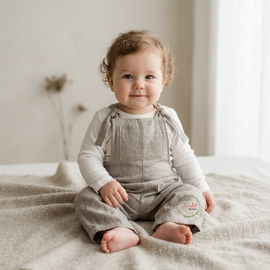 A baby sitting on a soft beige blanket in a bright, neutral room, wearing light gray linen overall with a white long-sleeve shirt. A small circular embroidered logo is visible on the leg.
