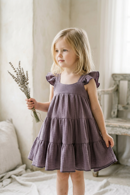 A young blonde girl wearing a dusty purple tiered cotton gauze dress with ruffled shoulder straps, holding a small bunch of dried lavender in a softly lit, rustic room.