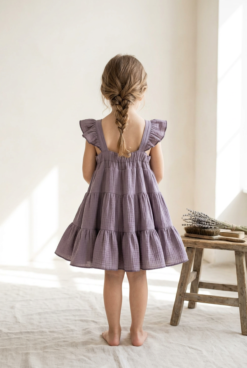 A young girl with a long braided ponytail stands with her back to the camera, wearing a tiered lavender-purple cotton dress with ruffled cap sleeves in a bright, sunlit room.