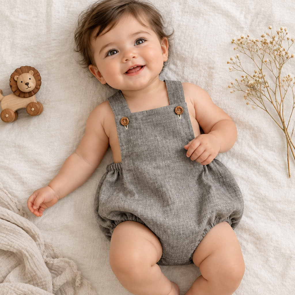 A baby lying on a cream fabric surface wearing a gray sleeveless romper with brown buttons. A wooden toy lion and dried flowers are placed nearby as props.