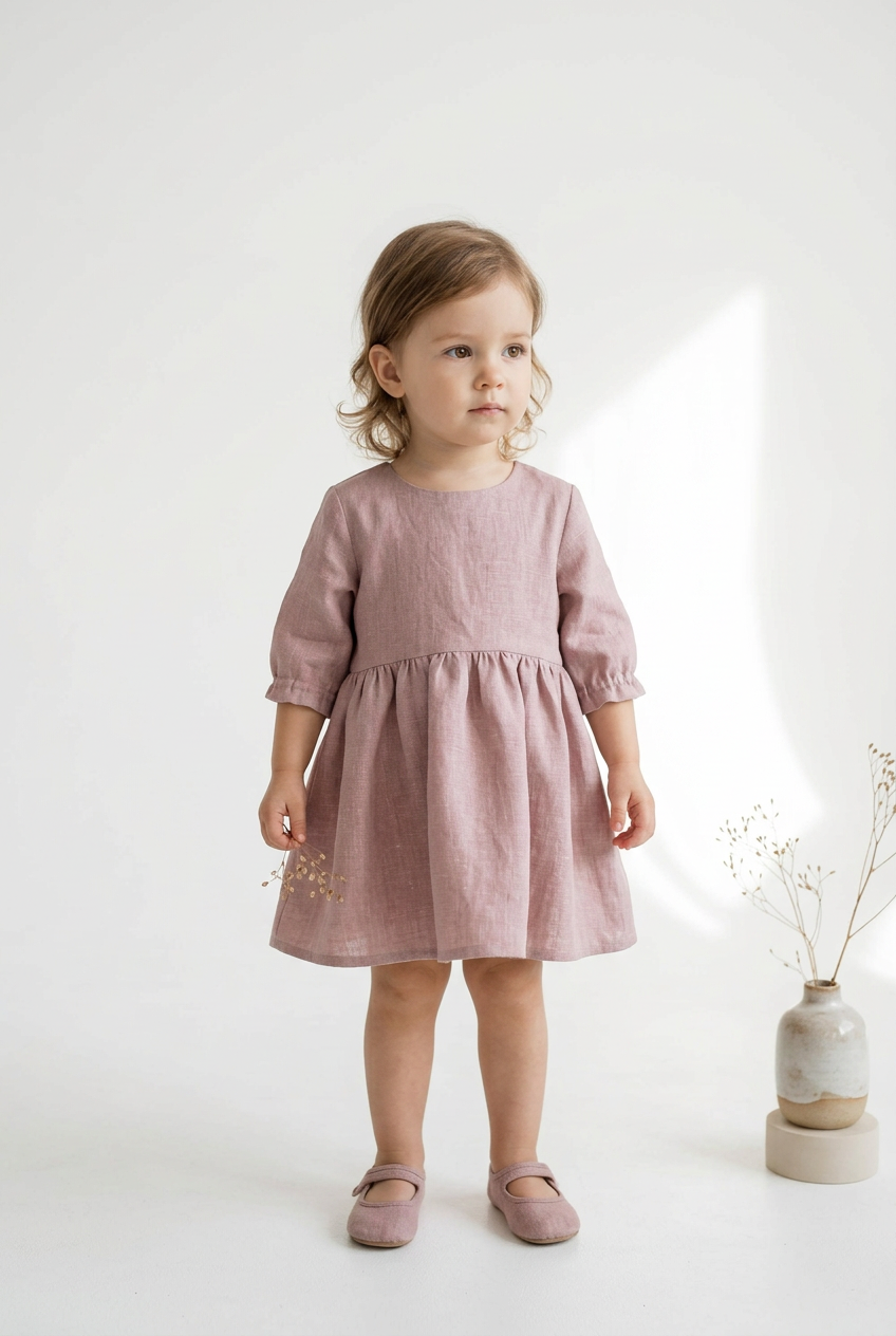 A toddler girl stands against a bright white studio background wearing a dusty pink linen dress with puff sleeves and matching pink shoes. A small vase with dried stems sits on the right side of the frame.