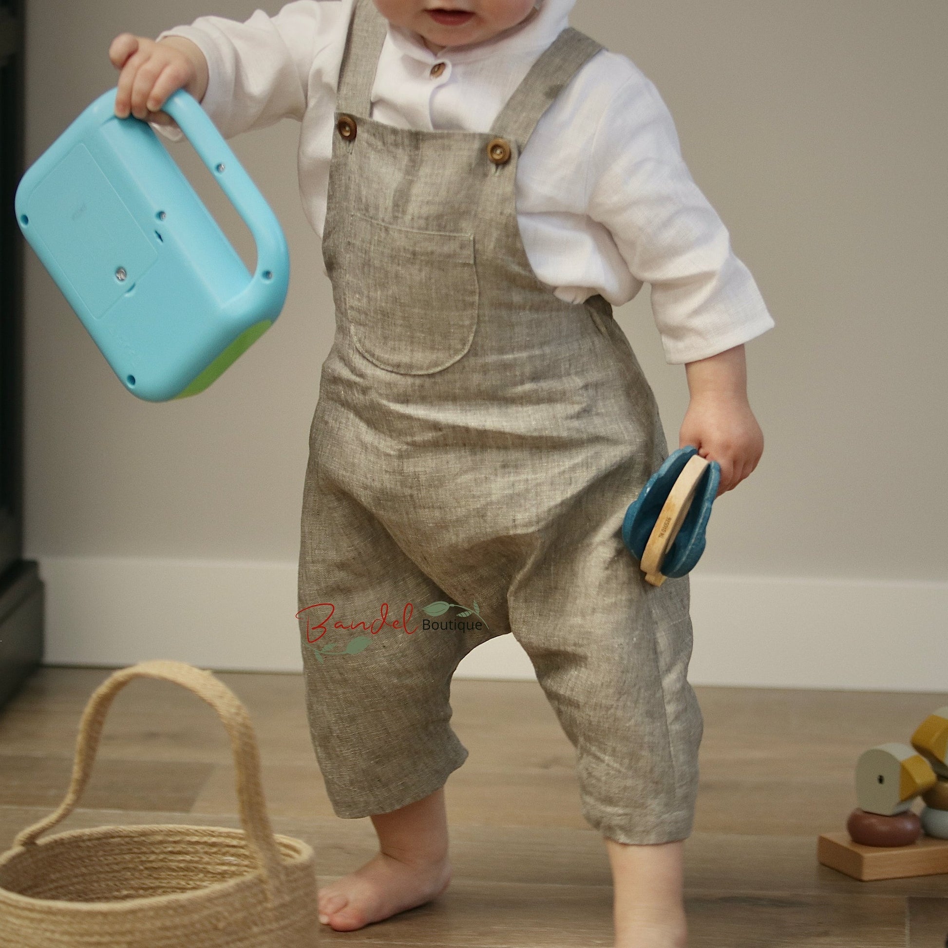 Khaki linen harem gender neutral baby toddler romper.