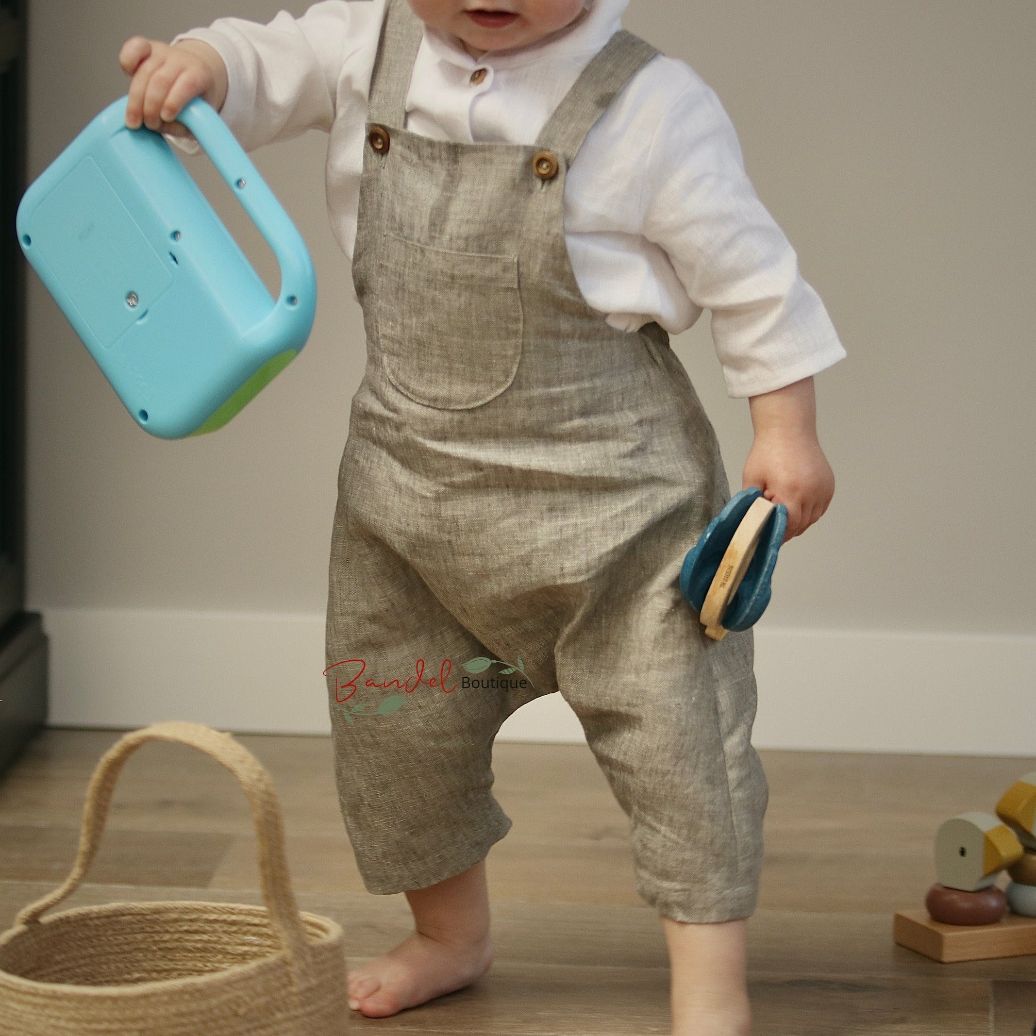 Khaki linen harem gender neutral baby toddler romper.